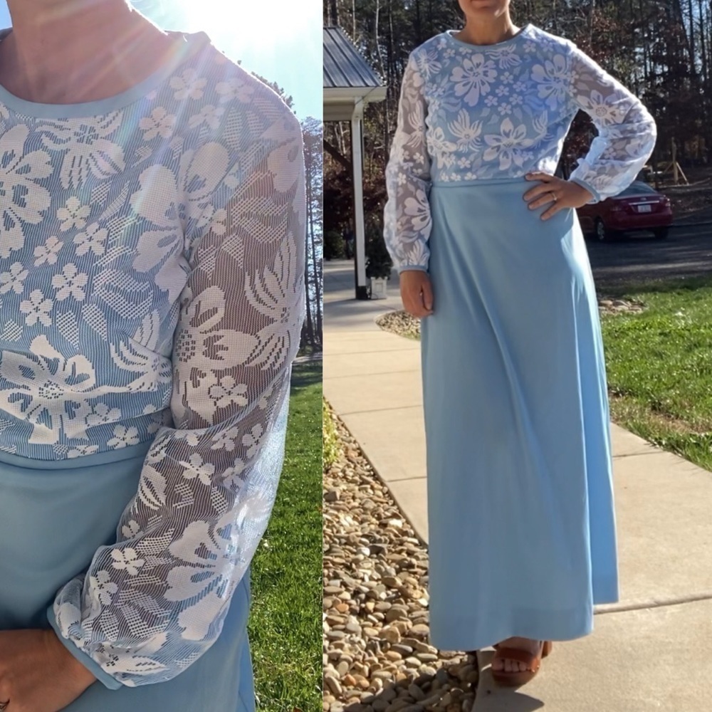 Vintage 70s Toni Todd light blue white floral lace long sleeve maxi dress l/xl